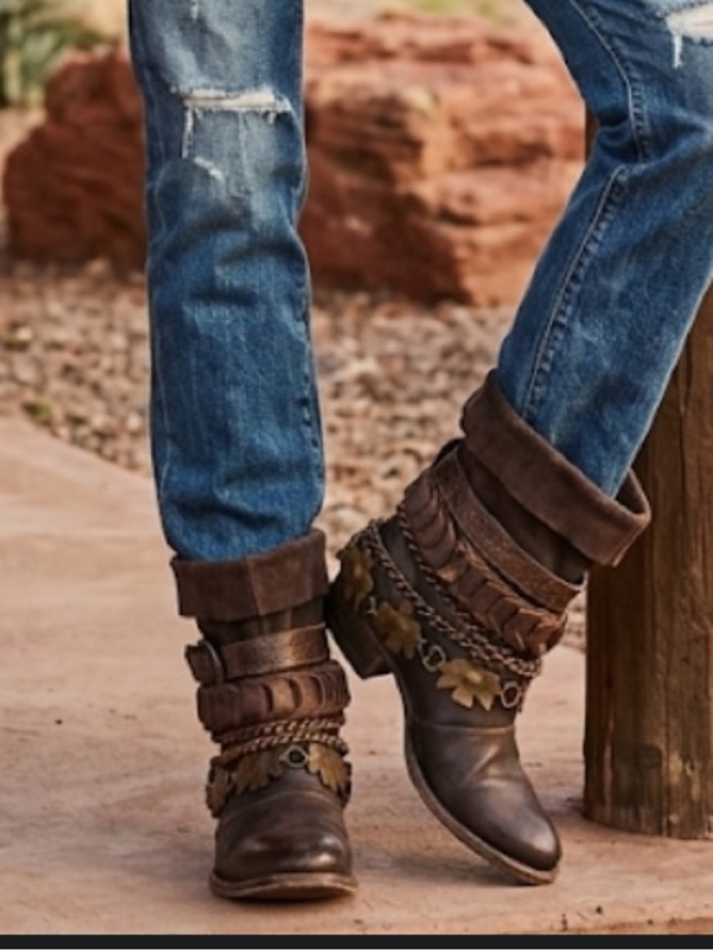 freebird Brown Leather Ankle Boots with Straps & Chains